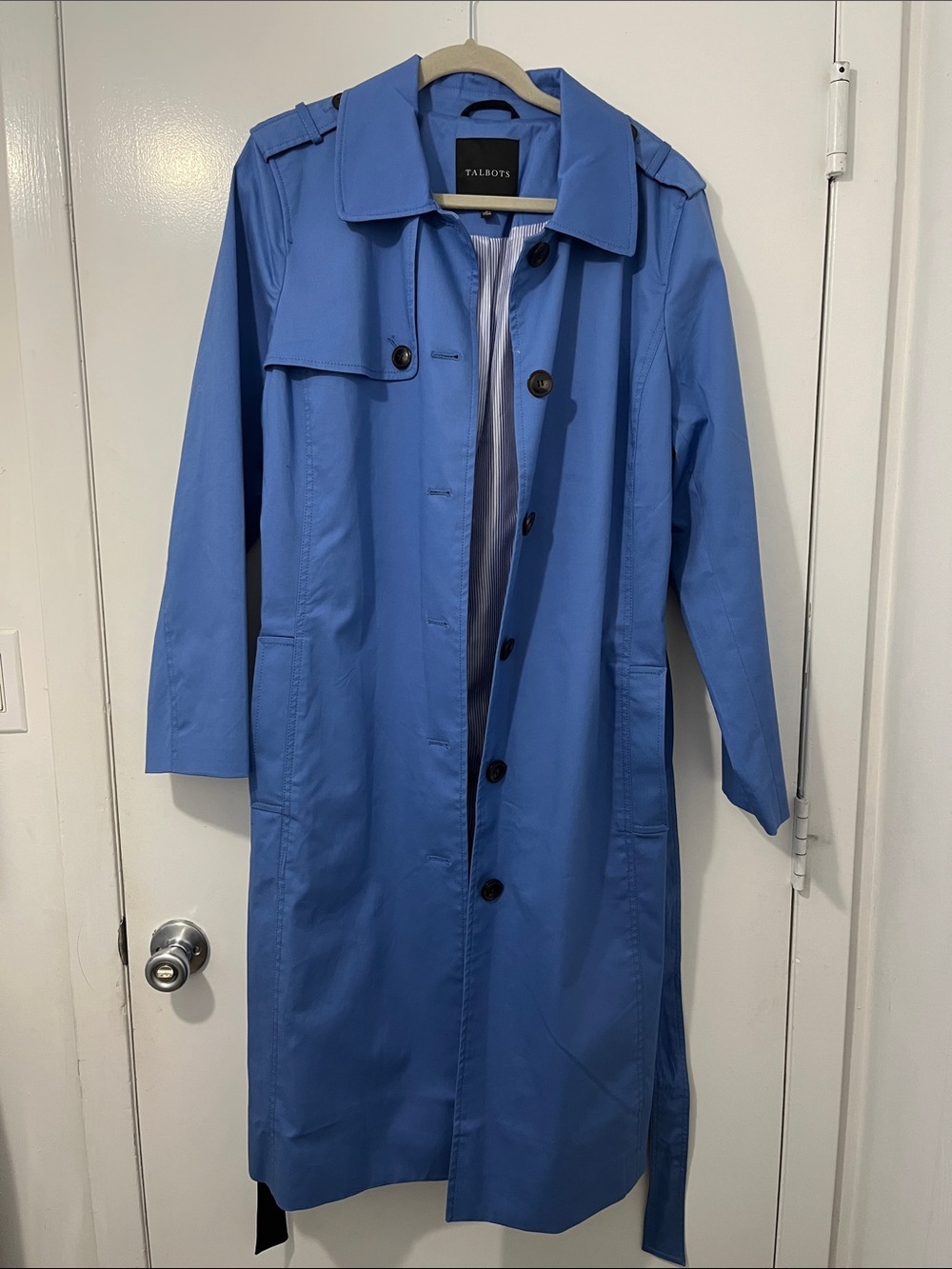 Talbots Long Twill Trench Coat Women Overcoat Light Blue Belted Classic XL